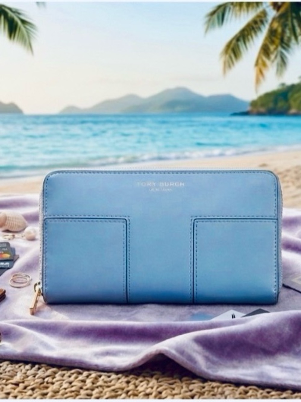 Tory Burch Block T Zip Around Continental Wallet Luna Blue